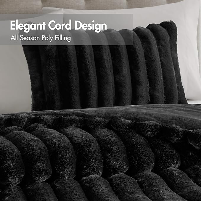 Madison Park Jasmine King Comforter Set, Luxurious Reversible Faux Fur Plush Ribbed Velvet Bedding, Fuzzy Thick Warm Winter Comforter, Super Soft Fluffy 3-Piece Set Black
