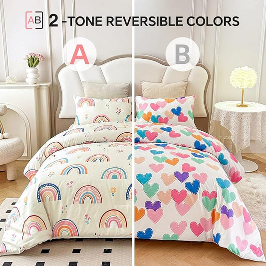 Btargot Lightweight Soft 3 Piece Rainbow Comforter Set with 2 Pillow Covers, Cartoon Love Hearts Flowers and Grass Bedding Set for Girls Boys Kids, Queen Multi-Color
