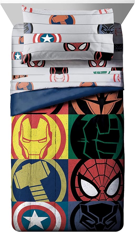 Jay Franco Marvel Avengers 5 Piece Twin Comforter Set - Includes Comforter & Sheet Set with Captain America, Hulk, Iron Man, Thor - Super Soft Kids Superhero Bedding, Official Marvel Product