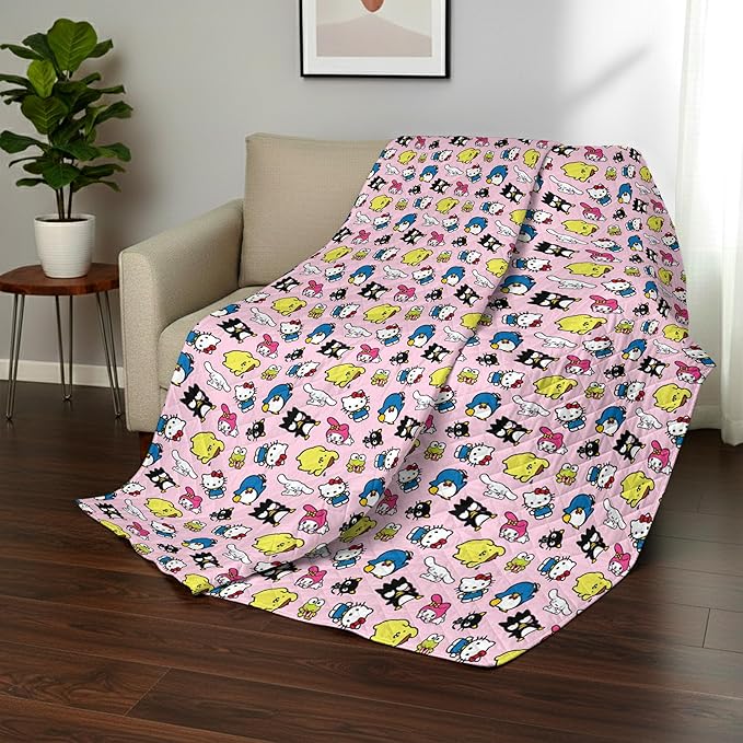 Northwest Hello Kitty & Friends Reversible Quilted Throw, Kawaii Checkered Pattern, Comfy Throw, for Anime Fans, Game Room, Chair or Couch, 60 x 80 Inches