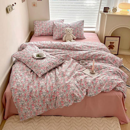 HighBuy King Size Comforter Set 3 Piece French Country Style Pink Floral Rabbit Printing Comfy Comforters King Soft Bedding Sets for Women Men,Boho Comforter Set King with 2 Pillowcases,Washable