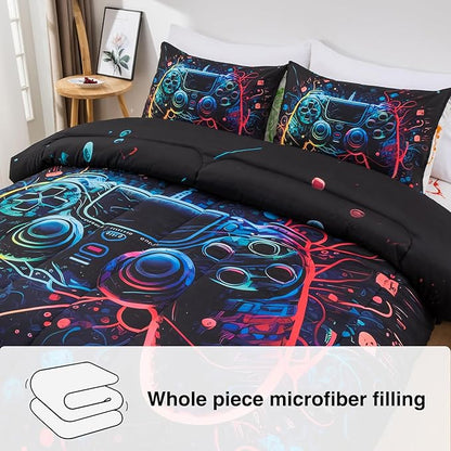 A Nice Night Boys Queen Size 5-Piece Game Console Comforter Set, for Kids Teen 3D Colorful Background Space Universe Gamepad Gaming Printed Matching Sheet Sets