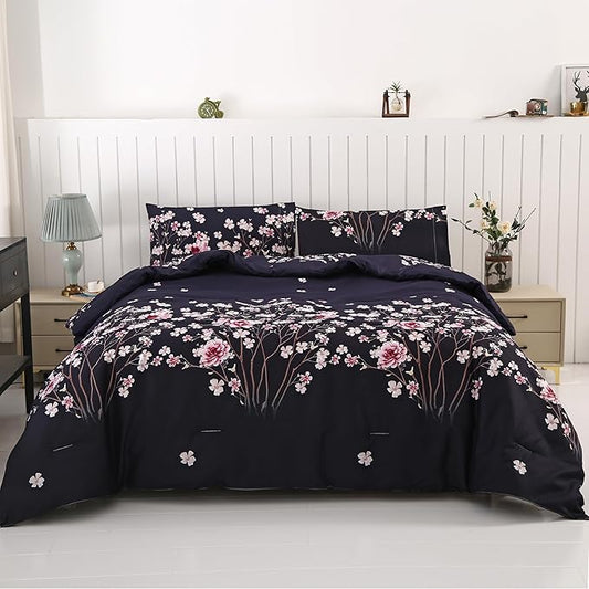 SDIII Navy Blue Floral Comforter Set Queen 3 Pieces, Soft Microfiber Lightweight Floral Queen Comforter Set, Vintage Bedding for All Season