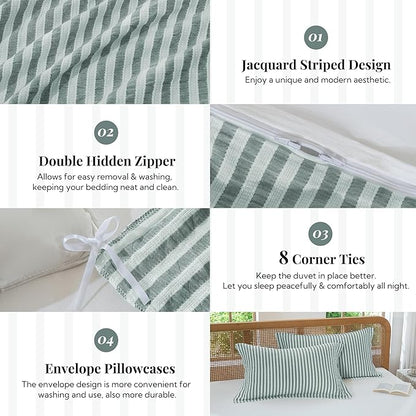 MILDLY Green Striped Duvet Cover - 100% Washed Cotton Jacquard Textured Comforter Cover with Dual Zipper Closure & 8 Coner Ties