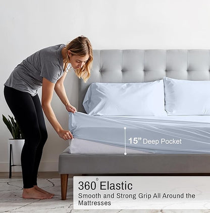 RUVANTI 100% Organic Cotton Sheets Queen Size, Percale Weave, GOTS Certified, 4-Piece Set, Deep Pocket 15", Crisp & Breathable, Soft Durable Bedding, Sábanas Algodón Orgánico – Arctic Ice