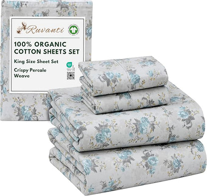 RUVANTI 100% Organic Cotton Sheets King Size, Percale Weave, GOTS Certified, 4-Piece Set, Deep Pocket 15", Crisp & Breathable, Soft Durable Bedding, Sábanas Algodón Orgánico – Blue Rose
