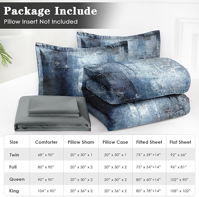 7 Pcs Full Size Comforter Set with 2 Pillowcases & 2 Shams, Navy Indigo Blue Bedding for Kids and Adults, Contemporary Abstract Gray Bed in a Bag with Flat Fitted Sheet