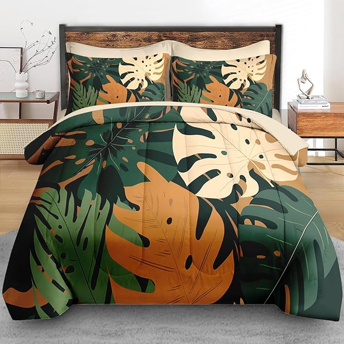 Comforter Set Full Size, Boho Monstera Leaves 7 Pcs Bedding for Kids and Adults, Bohemian Plant Summer Bed Sheet Sets with Fitted Sheet 2 Pillowcase & 2 Sham for Bedroom Bed Decor