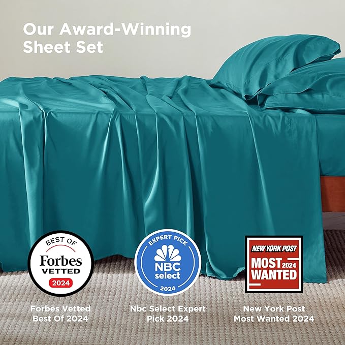 Bedsure Full Size Bed Sheets, Cooling Sheets, Rayon Derived from Bamboo, PureWoven, Breathable & Soft, Deep Pocket Up to 16 Inches, Hotel Luxury Silky Bedding for Hot Sleepers, Turquoise