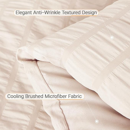 MUXHOMO 5 Pieces Twin Comforter Set, Seersucker Bed in a Bag Twin Size, All Season Luxury Bedding Set with Comforter, Flat Sheet, Fitted Sheet, Pillowcase & Sham, Beige