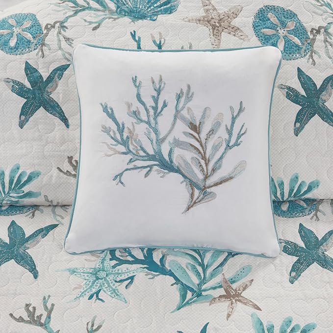 Madison Park Quilt Set Cottage Coastal Design, Starfish Print - All Season Lightweight Coverlet Bedding Layer, Shams, Toss Pillows, Pebble Beach, Aqua, Full/Queen(90 in x 90 in) 6 Piece