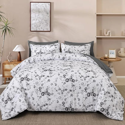 Luxudecor Floral King Comforter Set 7 Pieces Bed in a Bag, Black Rose Romantic Flower Bed Set, Soft Reversible Comforter with Sheet Set 104"x90"