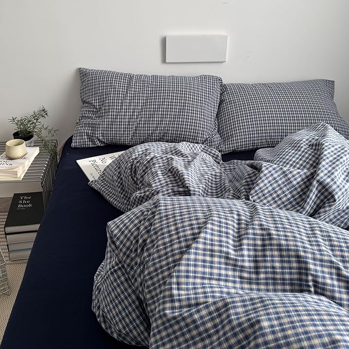 EAVD Vintage Blue Plaid Gingham Duvet Cover King Soft 100% Washed Cotton Reversible Grid Plaid Checkered Gingham Bedding Set with 2 Pillowcases Farmhouse Blue Plaid Duvet Cover with Zipper