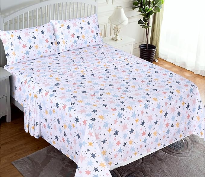 RUVANTI 100% Cotton Sheets – Queen Size Percale Bedding, Cooling & Breathable Floral Design, Durable with a Crisp, Soft & Comfortable Feel, 16" Deep Pocket, 4-Piece Set, Fault Star