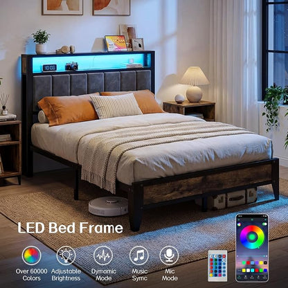 OLEVS Full Size Bed Frame with Headboard, LED Light & Charging Station | Metal Platform Bed Upholstered Headboard 2-Tier Shelf & Footboard, Smart LED Lightning Type C USB Ports, No Need Box Spring