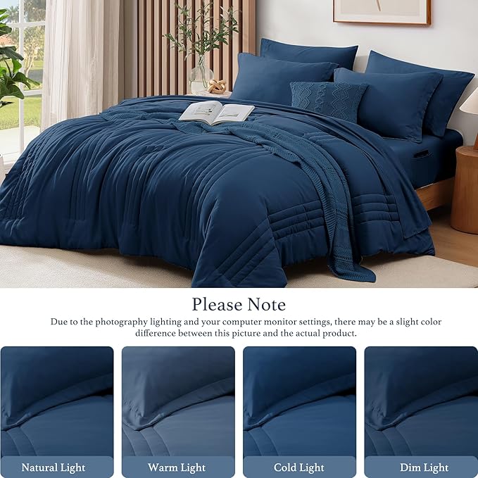 Monbix Full Size Comforter Set - 7 Pieces Serenity Blue Bed in a Bag, Full Size Bedding Sets with Comforters, All Seasons Comforter with Sheets,Pillowcases & Shams