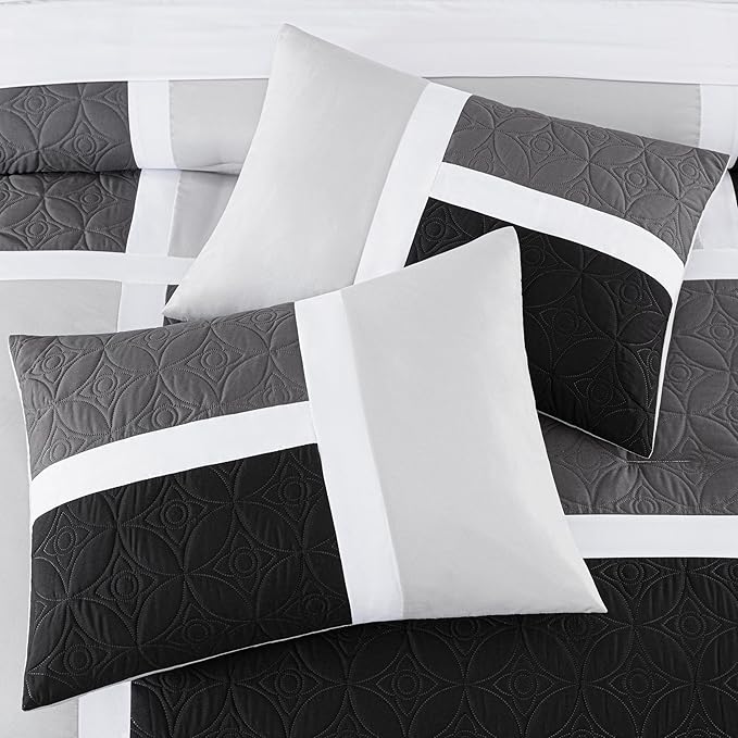 Chezmoi Collection Upland 7-Piece Quilted Patchwork Comforter Set, Black/Gray/Light Gray, California King