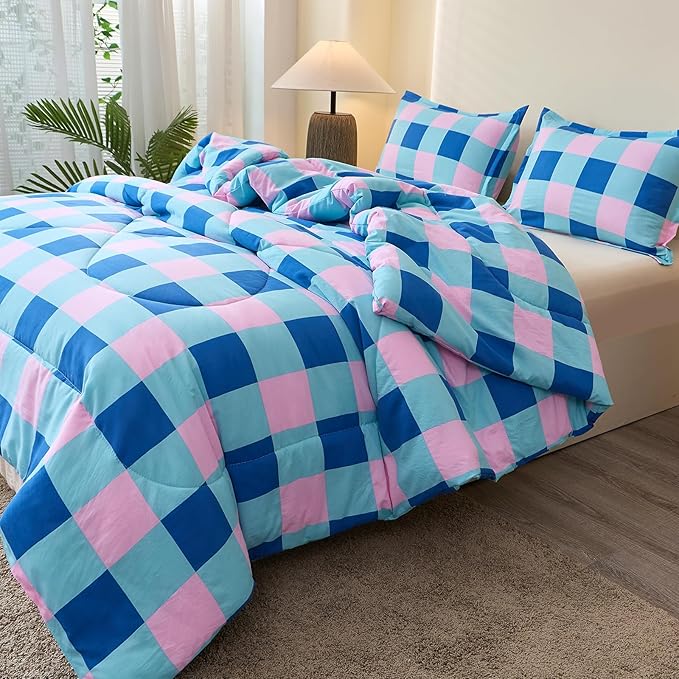 Caressma Blue Pink Checkered Comforter Set, Colorful Twin Size Plaid Comforter Bedding Set, Soft Grid Gingham Comforter Home Decor for All Seasons