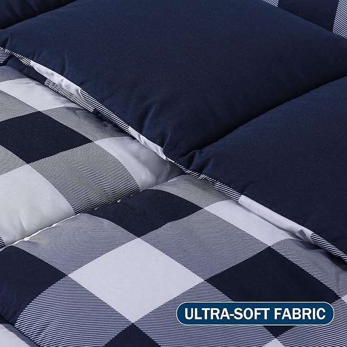 downluxe Lightweight Plaid Comforter Set (King) with 2 Pillow Shams - 3-Piece Set - Blue/White Plaid - Down Alternative Reversible Comforter