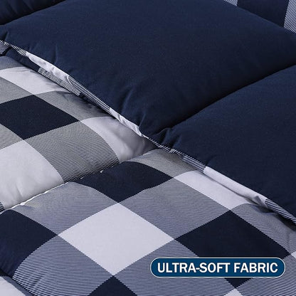 downluxe Lightweight Plaid Comforter Set (Twin) with 1 Pillow Sham - 2-Piece Set - Blue/White Plaid - Down Alternative Reversible Comforter