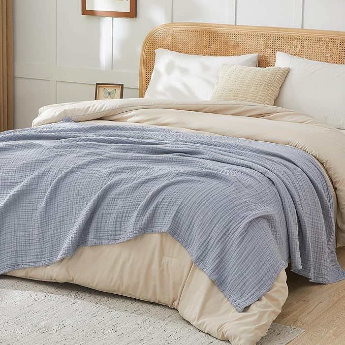 EMME Cotton Muslin Queen Blanket Bed Layering Breathable Gauze Blanket Soft Lightweight Blankets Adults (Dusty Blue, 90"x90")