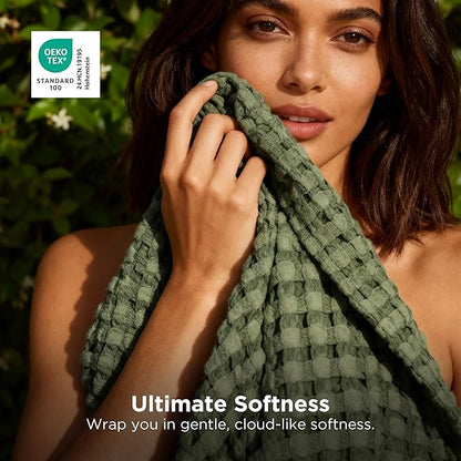 Bedsure Cooling Cotton Waffle Queen Size Blanket - Lightweight Breathable Blanket of Rayon Derived from Bamboo for Hot Sleepers, Luxury Throws for Bed, Couch and Sofa, Olive Green, 90x90 Inches