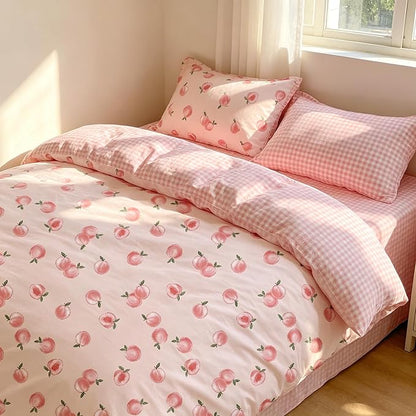 Pink Peach Comforter Set Full Size, Cute Fruit Soft Microfiber Bedding Set with Pink Plaid Backn, 3Pieces All Season Lightweight Summer Comforter Set for Girls