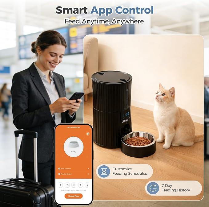 DUMOS 2.4G WiFi Automatic Cat Feeder, 4L Dog Food Dispenser with APP, Black | APP Control, 10s Voice Recorder, Dual Power Supply, Desiccant Bag, Indoor Programmable Pet Feeder for Small Cats and Dogs