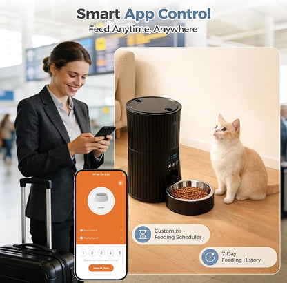 DUMOS 2.4G WiFi Automatic Cat Feeder, 4L Dog Food Dispenser with APP, Black | APP Control, 10s Voice Recorder, Dual Power Supply, Desiccant Bag, Indoor Programmable Pet Feeder for Small Cats and Dogs