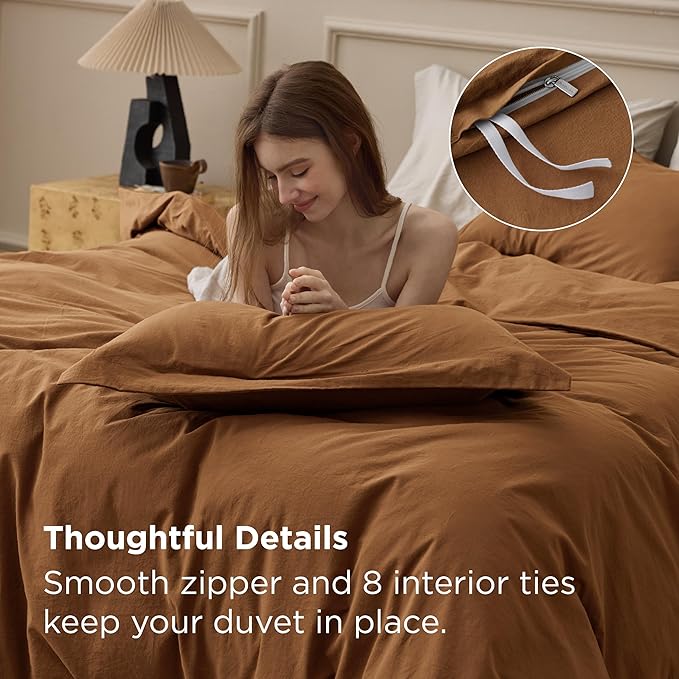 Bedsure 100% Washed Cotton Duvet Cover King Size - Hazelnut Brown Minimalist Bedding Set Linen Like - PureWoven Plain Simple & Soft Comforter Cover for All Seasons (Hazelnut Brown, King, 104"x90")