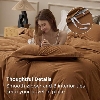 Bedsure 100% Washed Cotton Duvet Cover King Size - Hazelnut Brown Minimalist Bedding Set Linen Like - PureWoven Plain Simple & Soft Comforter Cover for All Seasons (Hazelnut Brown, King, 104"x90")