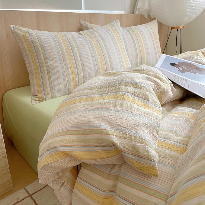 EAVD Striped Duvet Cover Full Size Colorful Soft Washed Cotton Bedding Set 3 Pieces Pinstriped Bedding Set with 2 Pillowcases Modern Farmhouse Geometric Duvet Cover with Zipper Closure
