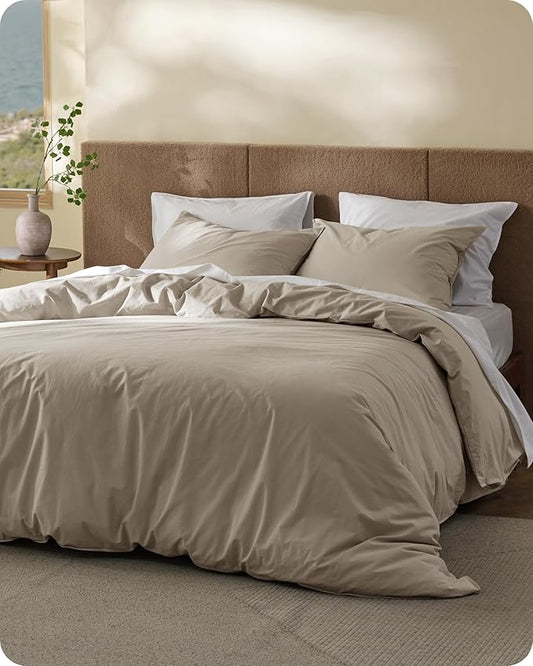 Bedsure Cotton Duvet Cover King - Luxury Slub Weave 100% Cotton Duvet Cover Set, PureWoven Bedding Set with a Linen Like Textured, Easy Change, Tannish Linen Grey, 104" x 90"