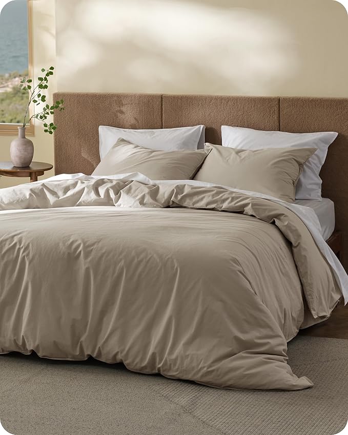 Bedsure Cotton Duvet Cover California King - Luxury Slub Weave 100% Cotton Duvet Cover Set, PureWoven Bedding Set with a Linen Like Textured, Easy Change, Tannish Linen Grey, 104" x 98"