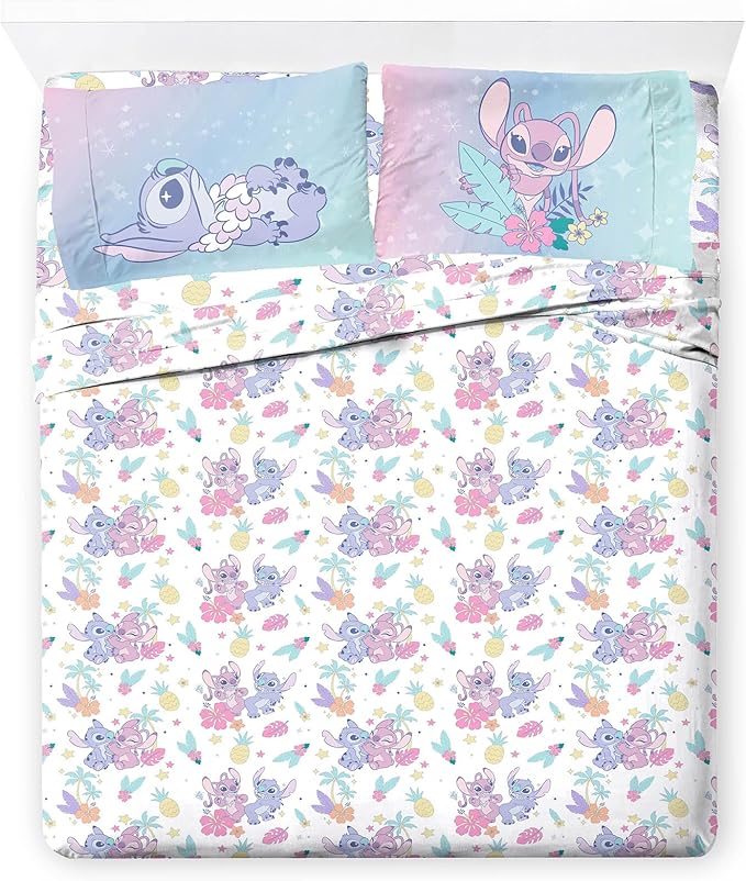 Jay Franco Disney Lilo & Stitch Full Size Sheet Set - 4 Piece Kids Bedding Includes Fitted Sheet, Flat Sheet & 2 Pillowcases - Ultra-Soft Brushed Microfiber, White Floral Stitch & Angel Design