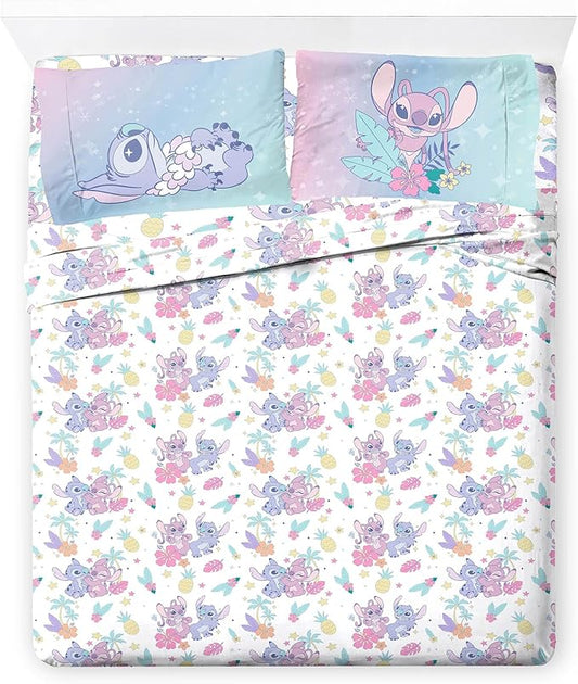 Jay Franco Disney Lilo & Stitch Full Size Sheet Set - 4 Piece Kids Bedding Includes Fitted Sheet, Flat Sheet & 2 Pillowcases - Ultra-Soft Brushed Microfiber, White Floral Stitch & Angel Design