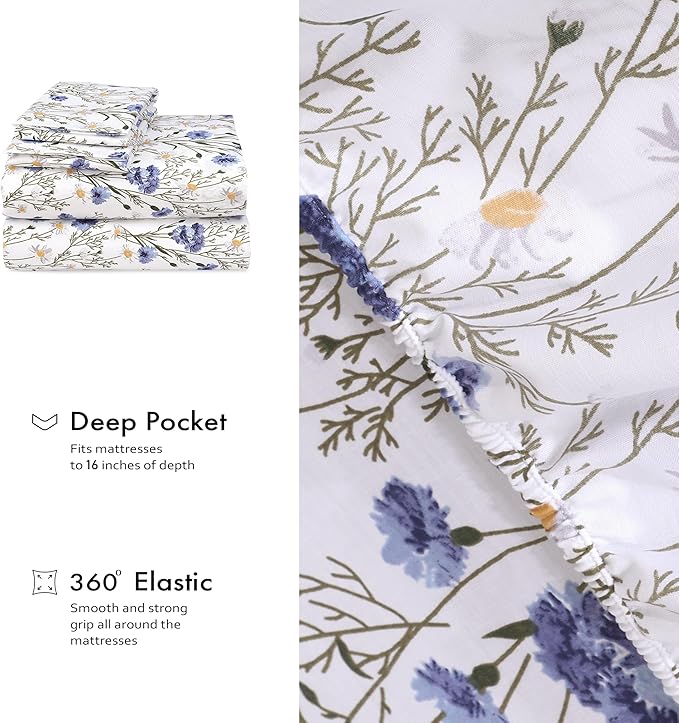 RUVANTI 100% Cotton Sheets – Queen Size Percale Bedding, Cooling & Breathable Floral Design, Durable with a Crisp, Soft & Comfortable Feel, 16" Deep Pocket, 4-Piece Set, Sweet Pea