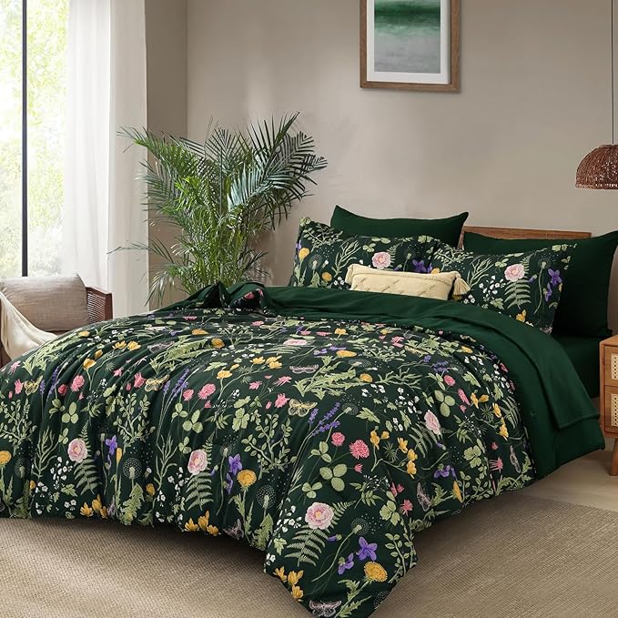 Yiran Floral Full Size Comforter Set, 7 Piece Dark Green Comforter Bedding Set, Spring Bed in a Bag Botanical Flowers Pattern, Soft Lighrweight Complete Comforters with Sheets for Women