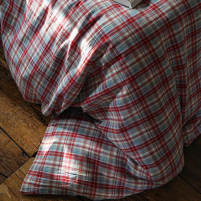 EAVD Vintage Style Red&Blue Gingham Duvet Cover Full Soft 100% Cotton Muslin Yarn-Dyed Textured Retro Grid Plaid Bedding Set Reversible British-Style Gingham Bedding Set with Zipper Closure