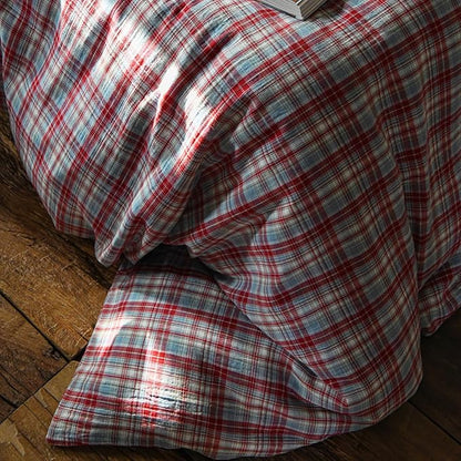 EAVD Vintage Style Red&Blue Gingham Duvet Cover Full Soft 100% Cotton Muslin Yarn-Dyed Textured Retro Grid Plaid Bedding Set Reversible British-Style Gingham Bedding Set with Zipper Closure