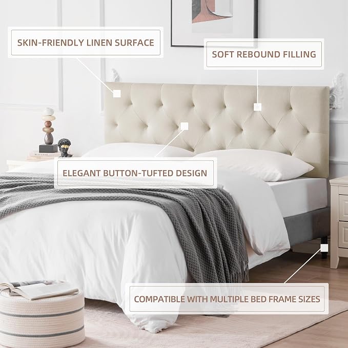Linen Fabric Upholstered Headboard Queen Size, Modern Diamond Tufting Solid Wood Queen Headboard Only, Adjustable Height from 37” to 51” Head Board, Bed Frame or Wall Mount Headboards, Beige
