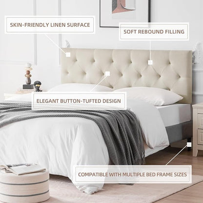 Linen Fabric Upholstered Headboard Queen Size, Modern Diamond Tufting Solid Wood Queen Headboard Only, Adjustable Height from 37” to 51” Head Board, Bed Frame or Wall Mount Headboards, Beige