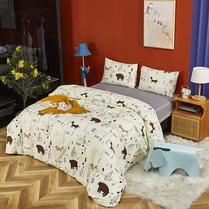 CLOTHKNOW Kids Queen Comforter Set 3Pcs Yellow Animal Bedding Comforter Sets Fox Woodland Forest Comforter with 2 x Pillow Cases