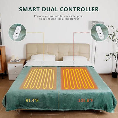 ESTINGO Electric Blanket Queen, Dual Control Heated Electric Blanket Queen Size, Machine Washable Plush Heated Blanket with Timer 5 Heating Levels &10 Hours Auto Off, 84" x 90", Forest Green