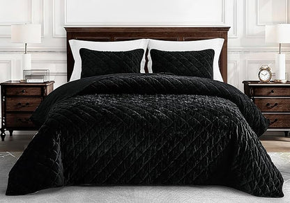 Chezmoi Collection Lux Black Velvet Quilt King Set, 3-Piece Lush Plush Distressed Velvet Bedding All Season Lightweight Comforter Brushed Microfiber Reverse with Diamond Stitch Quilting