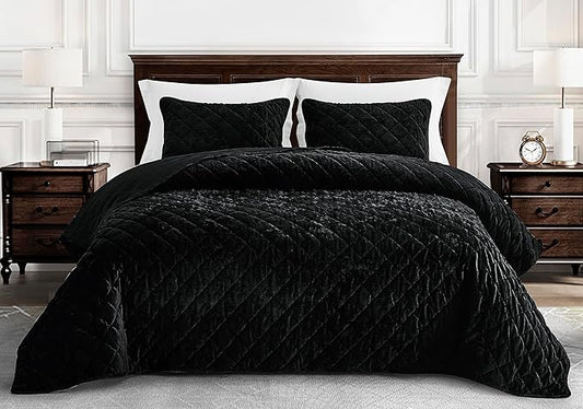 Chezmoi Collection Lux Black Velvet Quilt King Set, 3-Piece Lush Plush Distressed Velvet Bedding All Season Lightweight Comforter Brushed Microfiber Reverse with Diamond Stitch Quilting