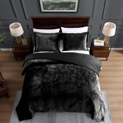 TAMGHO Crushed Velvet Comforter King, Black King Size Bedding for All Seasons, Luxury Soft 3pc Bed Set, 1 King Comforter (108"x96") and 2 King Pillow Shams (20"x36")