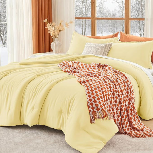 MUXHOMO King Size Comforter Set, All Season Ultra Soft Down Alternative Bedding - 3 Piece Lightweight Bed Set Includes 1 Comforter (104"x90") and 2 Pillow Shams (20"x36"), Cream Yellow