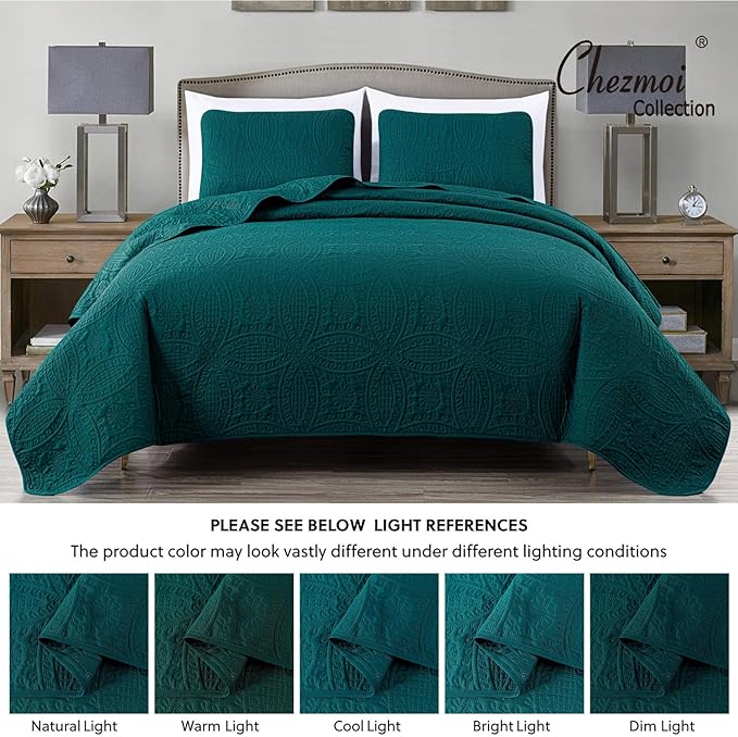 Chezmoi Collection Austin 3-Piece Oversized Bedspread Coverlet Set (King, Teal) | Oversized, Lightweight, Fade Resistant
