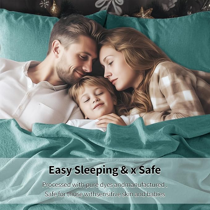 LBRO2M 100% Pure Linen Sheet Set Deep Pocket Up to 16" Bed Sheets Sets, Natural Flax Beddings Soft, Breathable, Comfortable for All Seasons 6 Pcs Sheet Set King Size, Aqua